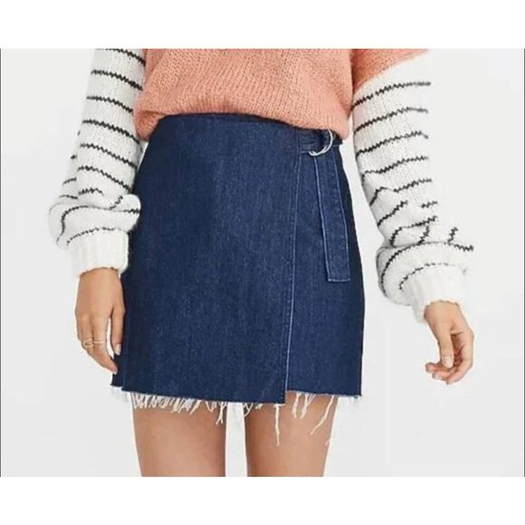 Madewell Denim Raw-Hem Mini Wrap Jean Skirt Sz 24 Plus Dark Denim Cardiff Wash N - Picture 1 of 10